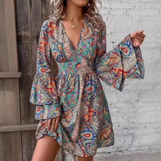 Spring and summer cross-border European and American new style bohemian paisley print bell sleeve dress for women 2025