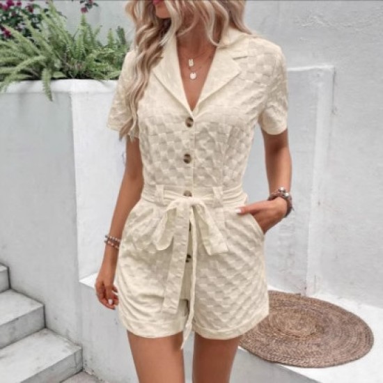Spring and summer European lapel 2025 new style fashion checkered three-quarter sleeve jacquard fabric straight-leg tie jumpsuit for women