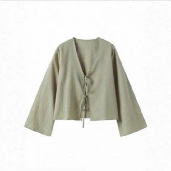 Autumn and winter European and American cross-border new style fashion cardigan no button retro style tie long sleeve shirt for women 2025
