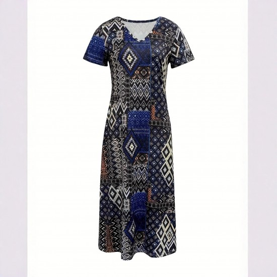 Spring and summer cross-border European and American new style fashion geometric pattern print loose plus size dress for women 2025