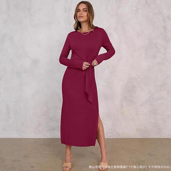 Cross-border European and American new style 2024 Spring/Summer long solid color semi-high neck slimming knitted dress
