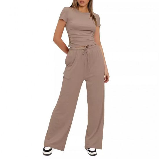 Four seasons European and American women's fashion 2025 new style fashionable design-sense casual long pants short-sleeved retro two-piece set for women