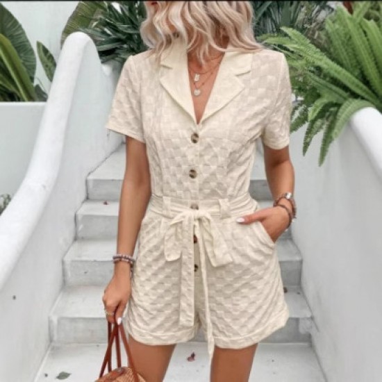 Spring and summer European lapel 2025 new style fashion checkered three-quarter sleeve jacquard fabric straight-leg tie jumpsuit for women