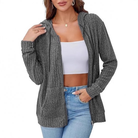 Autumn and winter European and American women's fashion 2025 new style fashionable long-sleeved cardigan hooded knitted ribbed brushed upper garment for women