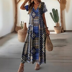 Spring and summer cross-border European and American new style fashion geometric pattern print loose plus size dress for women 2025