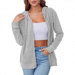 Autumn and winter European and American women's fashion 2025 new style fashionable long-sleeved cardigan hooded knitted ribbed brushed upper garment for women