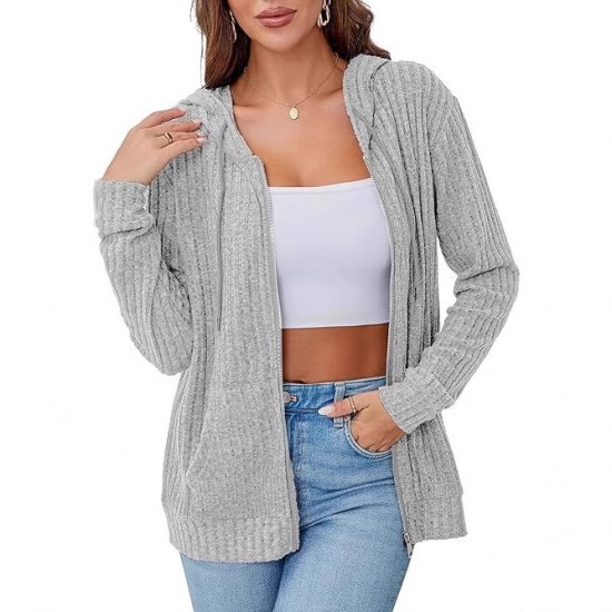 Autumn and winter European and American women's fashion 2025 new style fashionable long-sleeved cardigan hooded knitted ribbed brushed upper garment for women