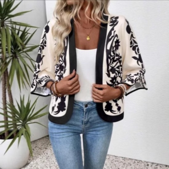 Autumn European and American fashion 2025 new style cross-border retro-style positioned print split-sleeve cardigan upper garment for women
