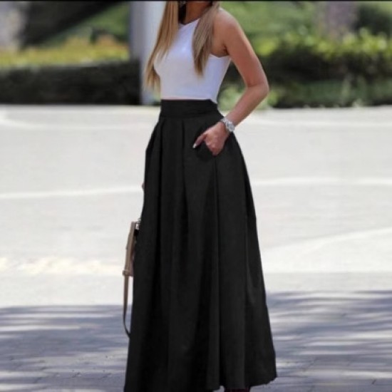 Spring and summer export European and American new style cross-border fashion woven solid color resort style elastic pleated skirt for women 2025