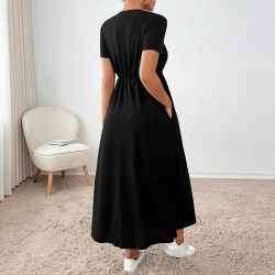 Spring and summer cross-border European and American 2025 new style fashionable design-sense versatile round-neck retro pleated waist dress for women