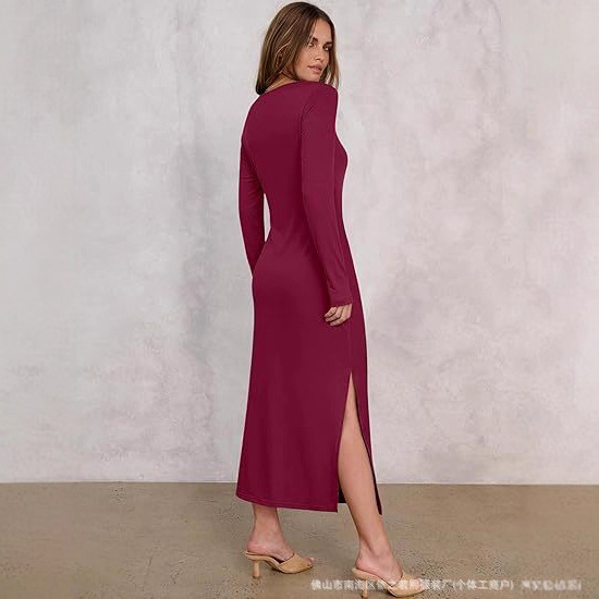 Cross-border European and American new style 2024 Spring/Summer long solid color semi-high neck slimming knitted dress