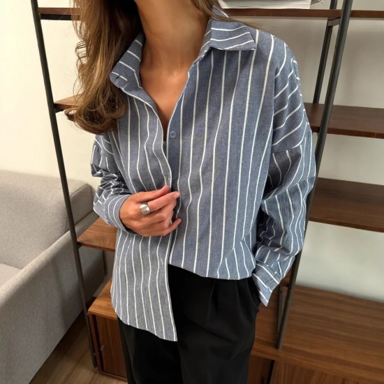 Autumn fashion polo neck Middle East 2025 new style European and American women's wear cardigan striped regular long sleeve shirt for women