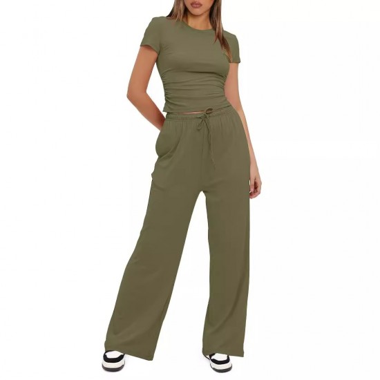 Four seasons European and American women's fashion 2025 new style fashionable design-sense casual long pants short-sleeved retro two-piece set for women