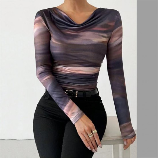 2024 Amazon European and American cross-border elegant and stylish print long sleeve T-shirt factory direct sale