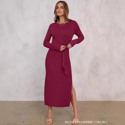 Cross-border European and American new style 2024 Spring/Summer long solid color semi-high neck slimming knitted dress