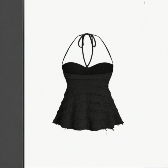 2025 Amazon cross-border European and American new style sexy tied short halter fashion off-the-shoulder halter top for women Cross-border European and American elegant and stylish tie-dye off-the-shoulder short-sleeved dress, slimming and figure-hugging,