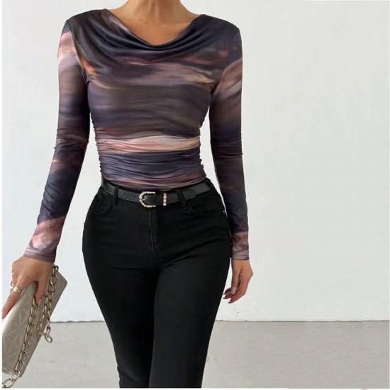 2024 Amazon European and American cross-border elegant and stylish print long sleeve T-shirt factory direct sale