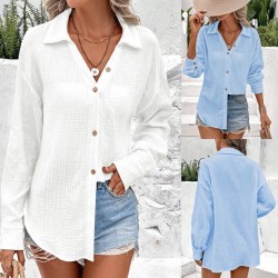 Autumn and winter cross-border TEMU European and American new style fashion buttoned solid color long sleeve lapel shirt for women 2025